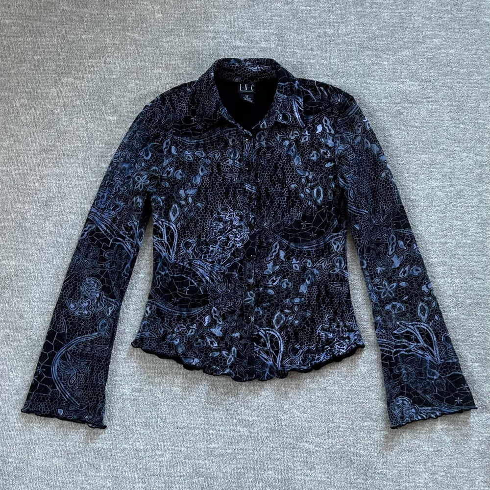 INC International Concepts Blue/Black Patterned Blouse